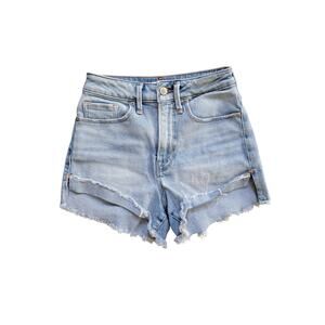 Good American Good Curve Denim‎ Shorts High Rise Raw Hem Light Wash Size 0/25